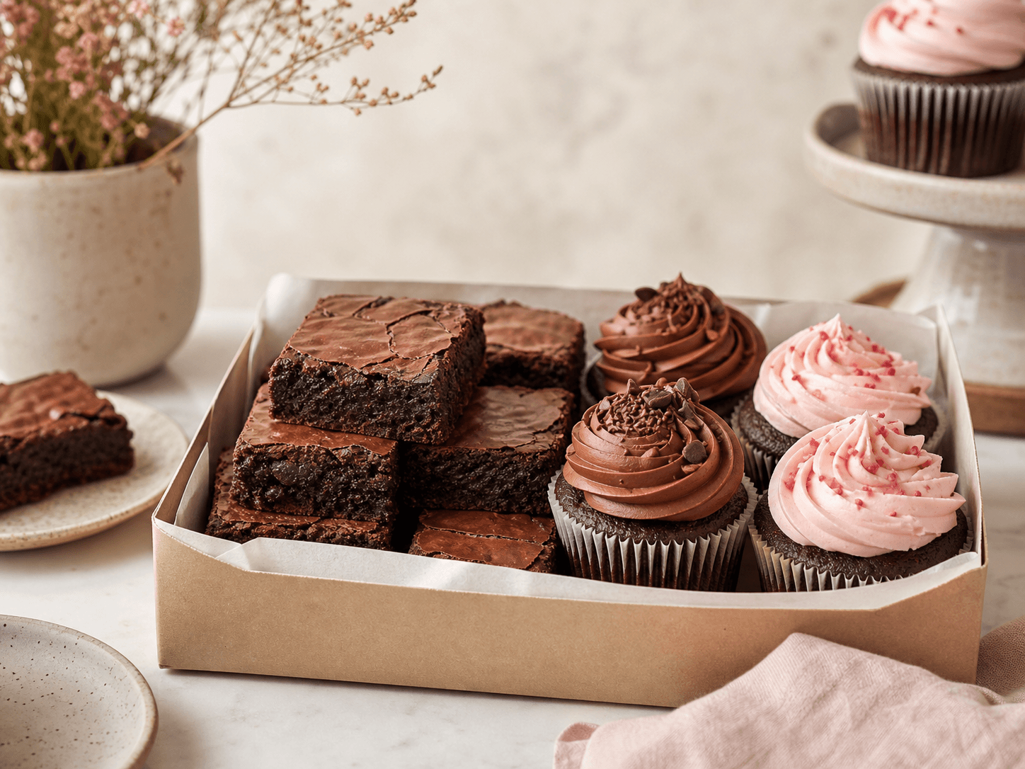 Box of fudgy brownies and frosted cupcakes