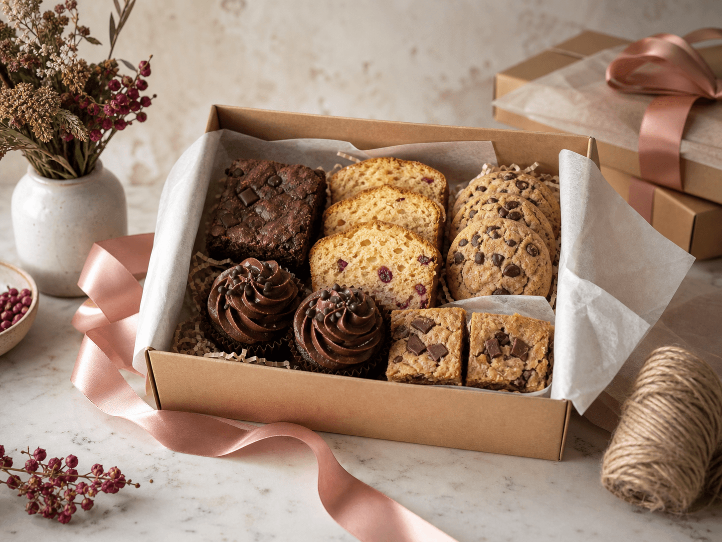 Open dessert gift hamper with brownies, cupcakes, cookies, and tea cake