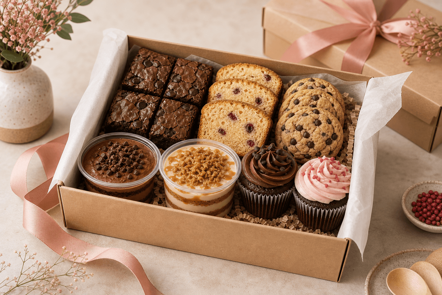 Open dessert hamper with brownies, cupcakes, cookies, dessert tubs, and tea cake